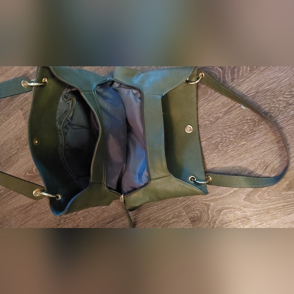 Max Studio Army Green Tote Satchel Gold Hardware and Studs Lots of Deep Pockets - Picture 10 of 12